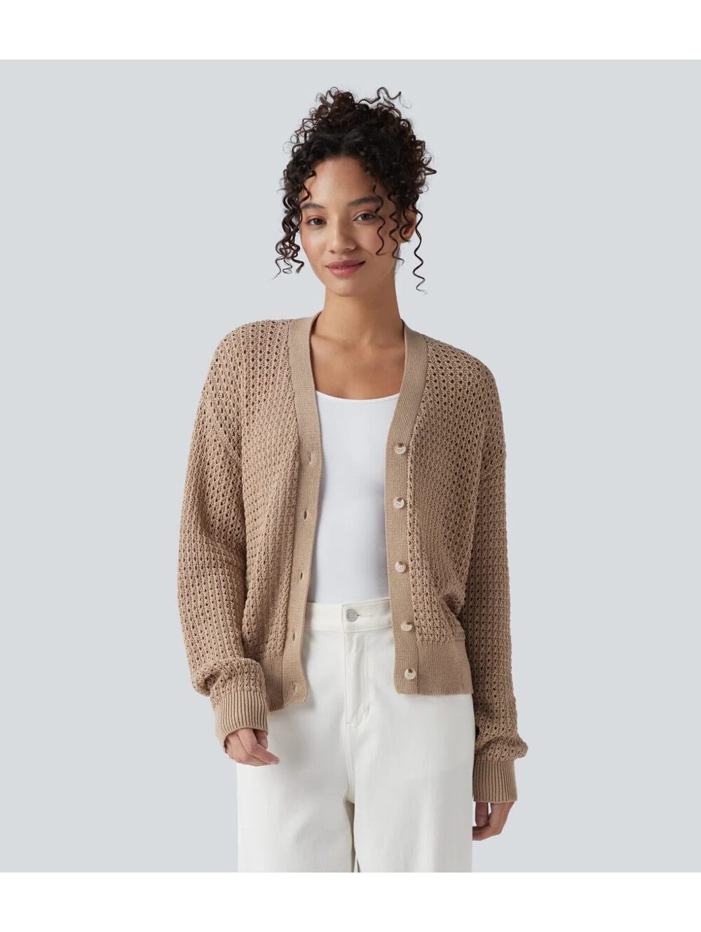 Halara V Neck Long Sleeve Sweater Knit Casual Cardigan Irish Cream Size Small